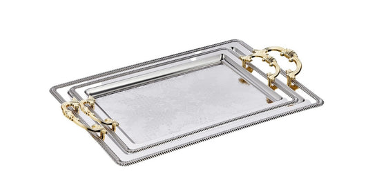 2 Rectangular Tray With Handles - Silver&Gold - Turkey