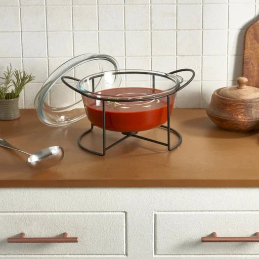 Borcam - Round Casserole With Cover & Black Warmer Stand