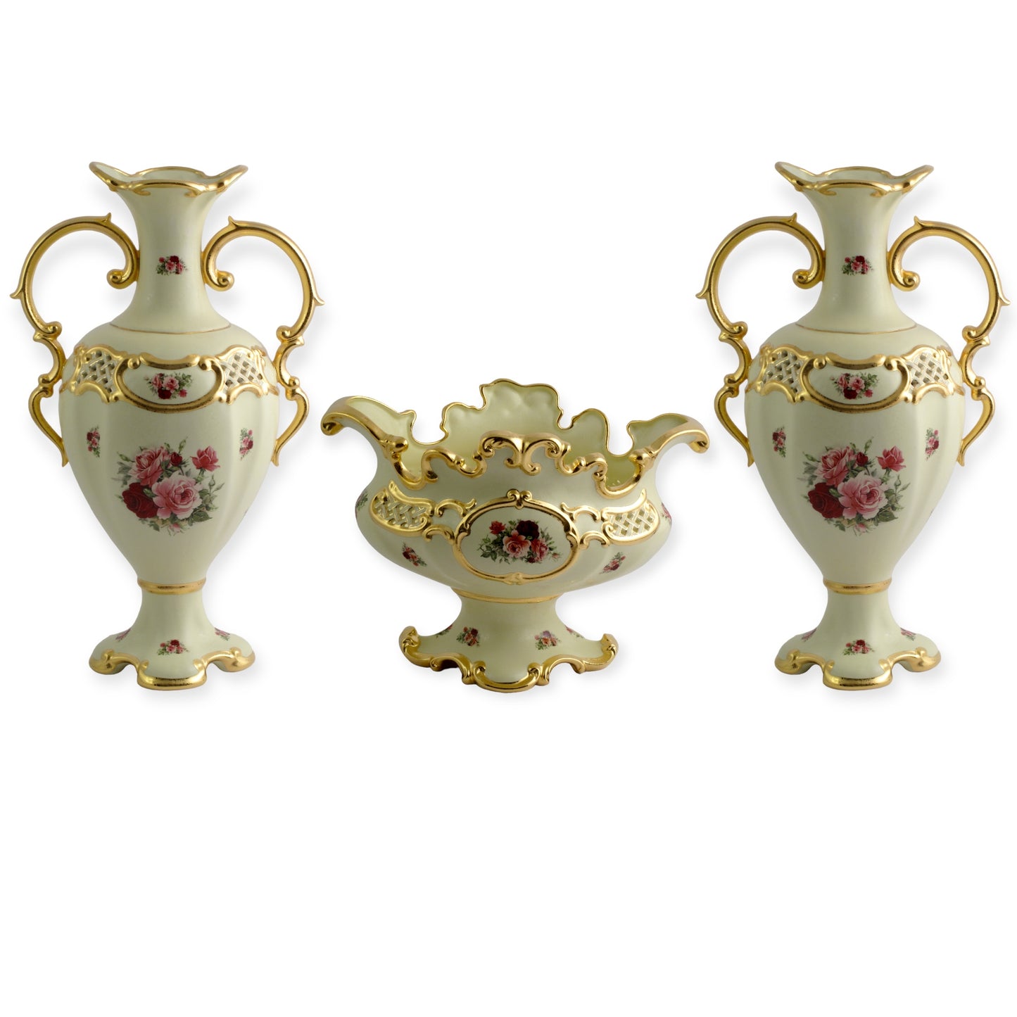 BC Limoge - Gardinera and 2 Potiche With Base , 3 Pcs - Flowers - Beige&Gold