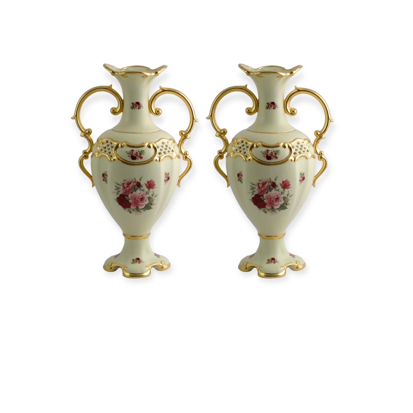 BC Limoge - Gardinera and 2 Potiche With Base , 3 Pcs - Flowers - Beige&Gold