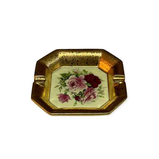 BC Limoge - Small Square Ashtray - Flowers - Beige&Gold - 3x16 cm