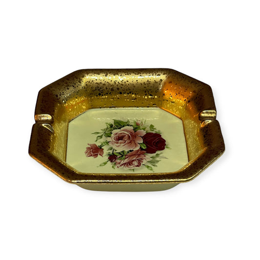 BC Limoge - Large Square Ashtray - Flowers - Beige&Gold - 5x20 cm