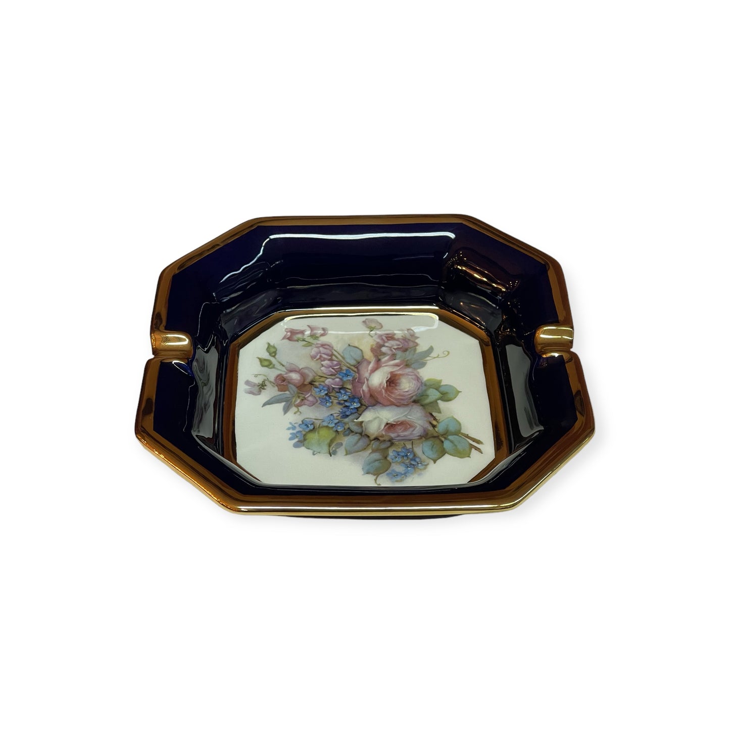 BC Limoge - Large Square Ashtray - Flowers - Blue&Gold - 5x20 cm