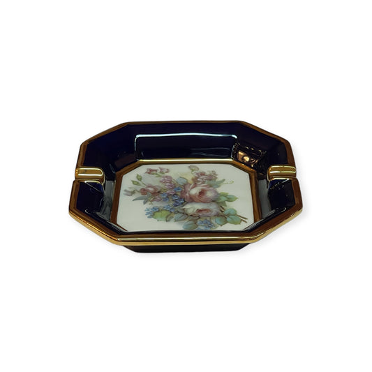 BC Limoge - Small Square Ashtray - Flowers - Blue&Gold - 3x16 cm