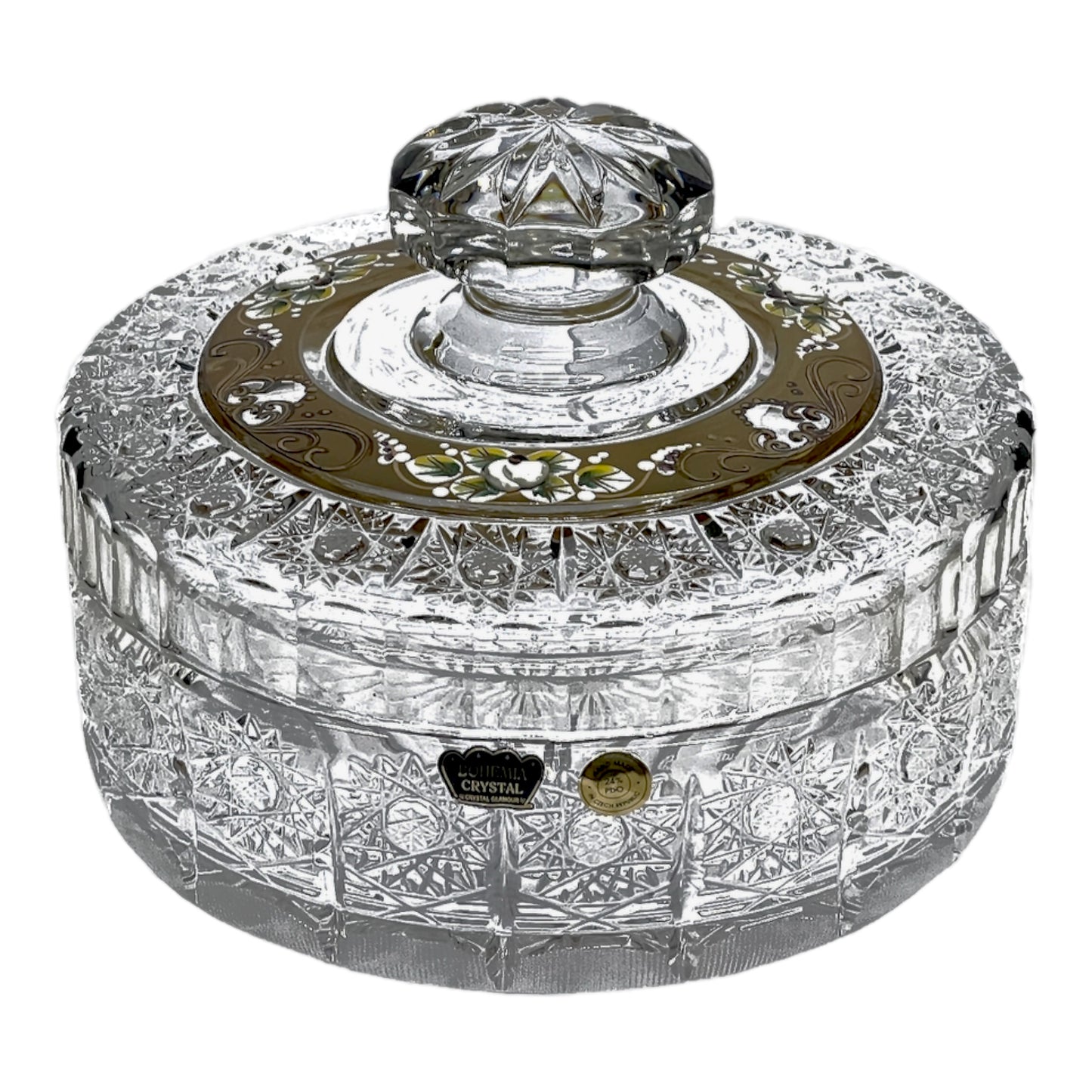 Bohemia Crystal Bobonniere With Cover - Hand Cut - Gold - 15.5 cm