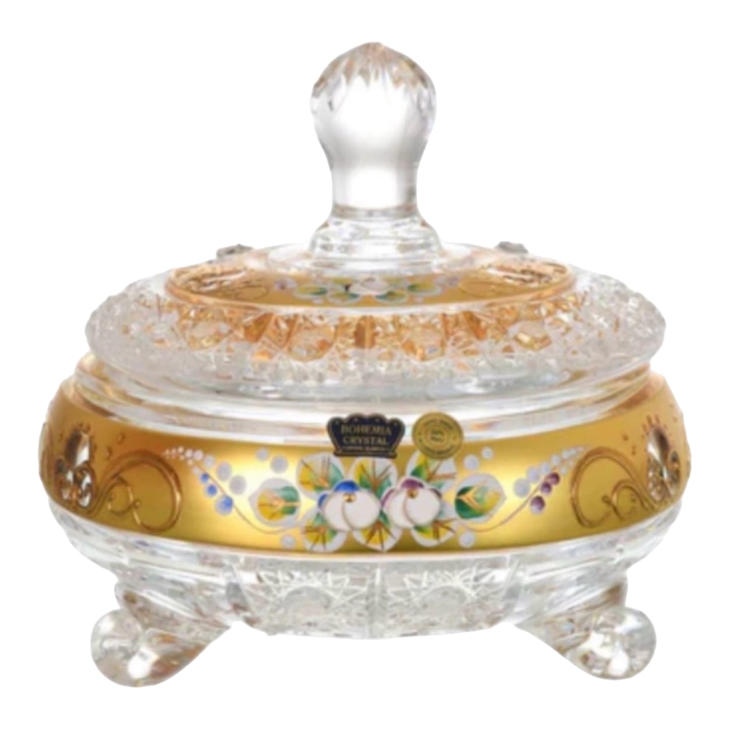 Bohemia Crystal Hand Cut Bonbonniere With Cover - 16.5 cm - Gold