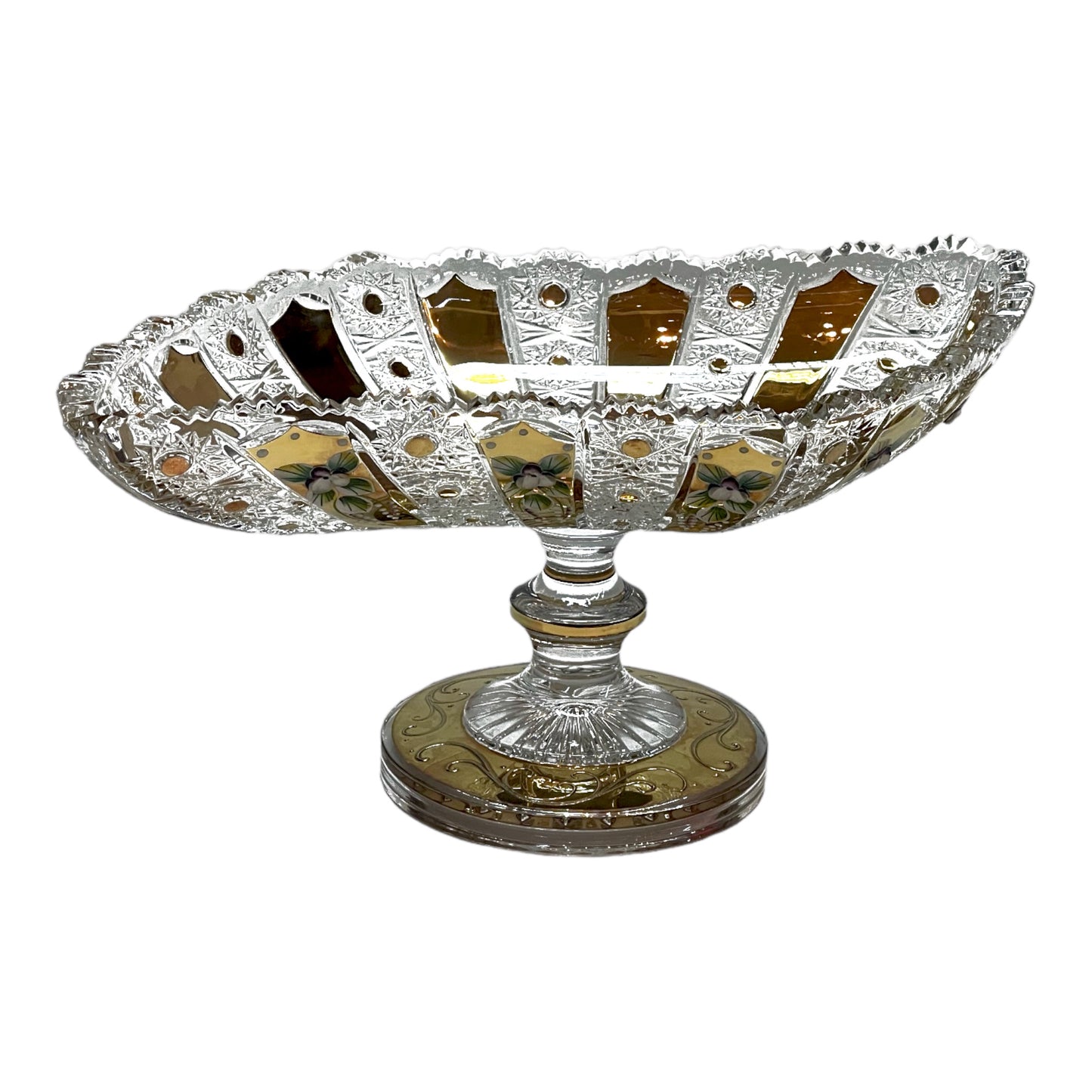 Bohemia Crystal Plate With Base - Hand Cut - Gold - 35x24 cm