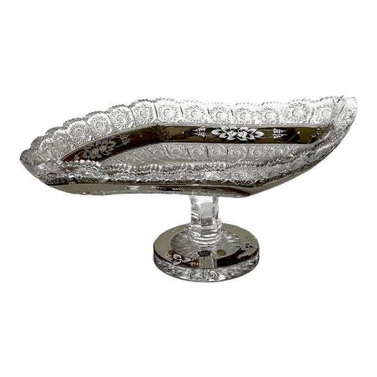 Bohemia Crystal Plate With Base - Hand Cut - Silver - 35x24 cm