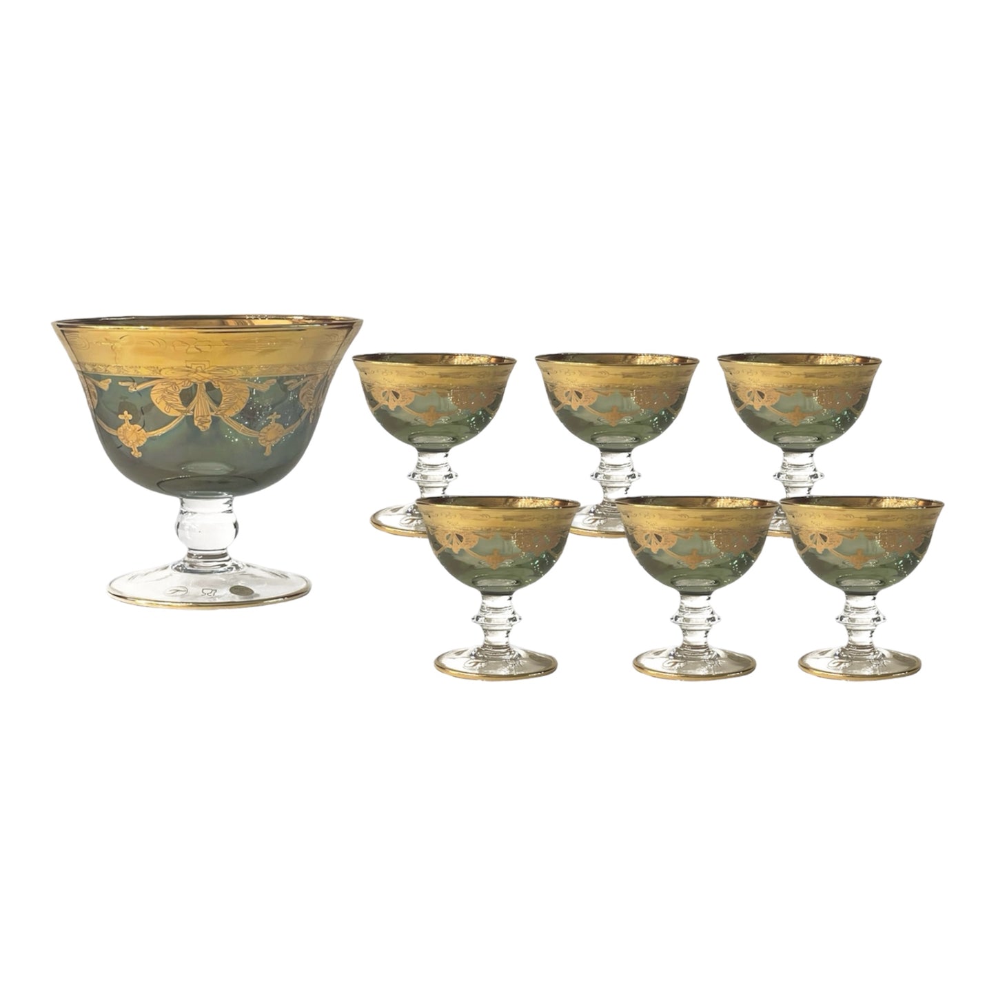 Italian Crystal - Bowl Set 7 Pcs - Green&Gold