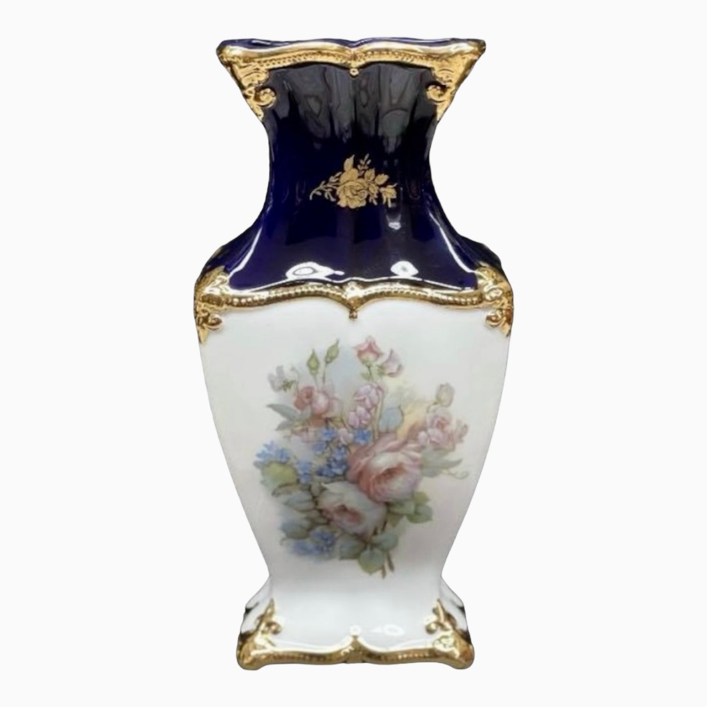 BC Limoge - Square Vase - Flowers - Blue&Gold - 39x19 cm