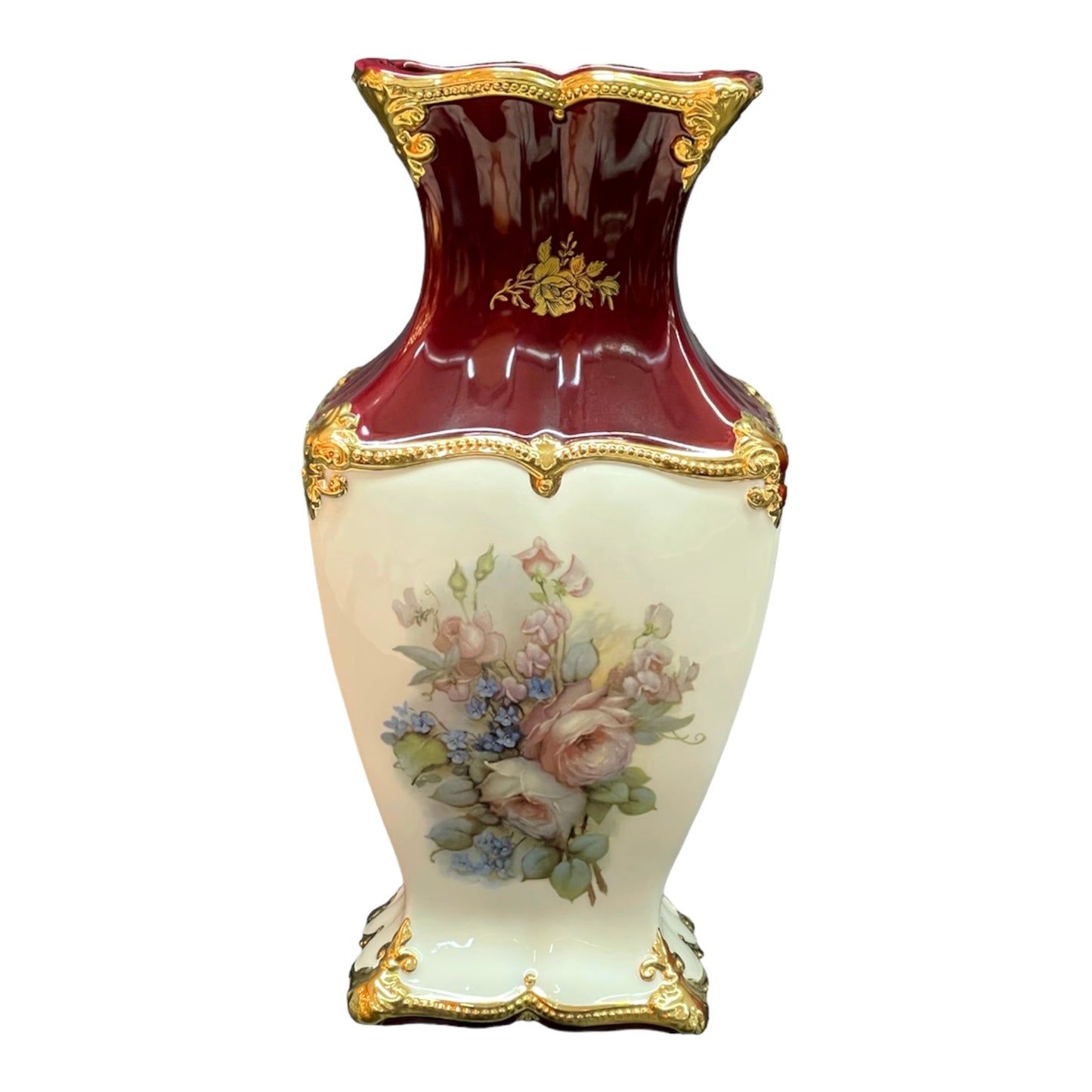 BC Limoge - Square Vase - Flowers - Red&Gold - 39x19 cm