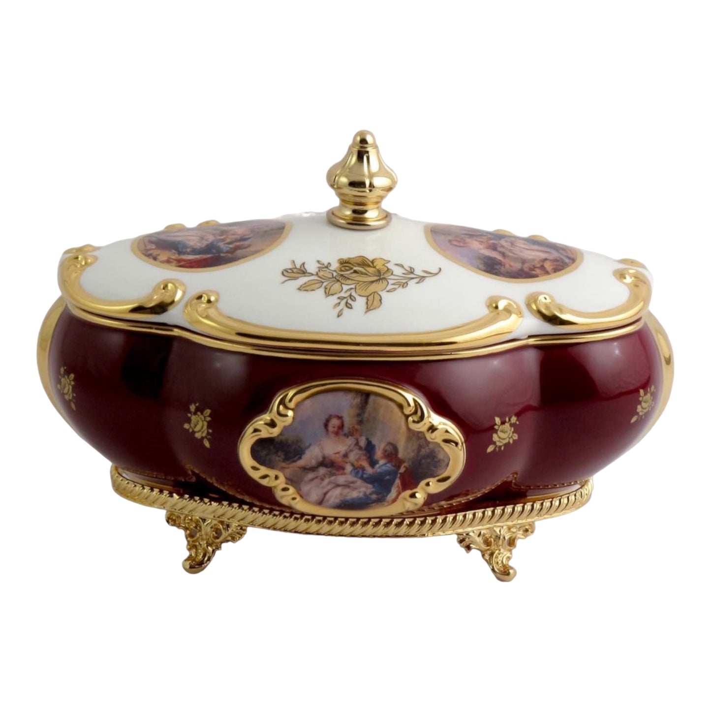 BC Limoge - Oval Bonboniere With Legs - Romeo&Juliet - Red&Gold - 21x30 cm