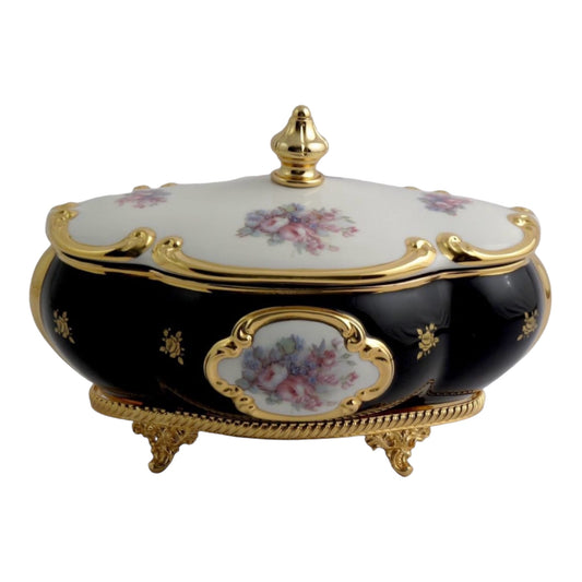 BC Limoge - Oval Bonboniere With Legs - Flowers - Blue&Gold - 21x30 cm