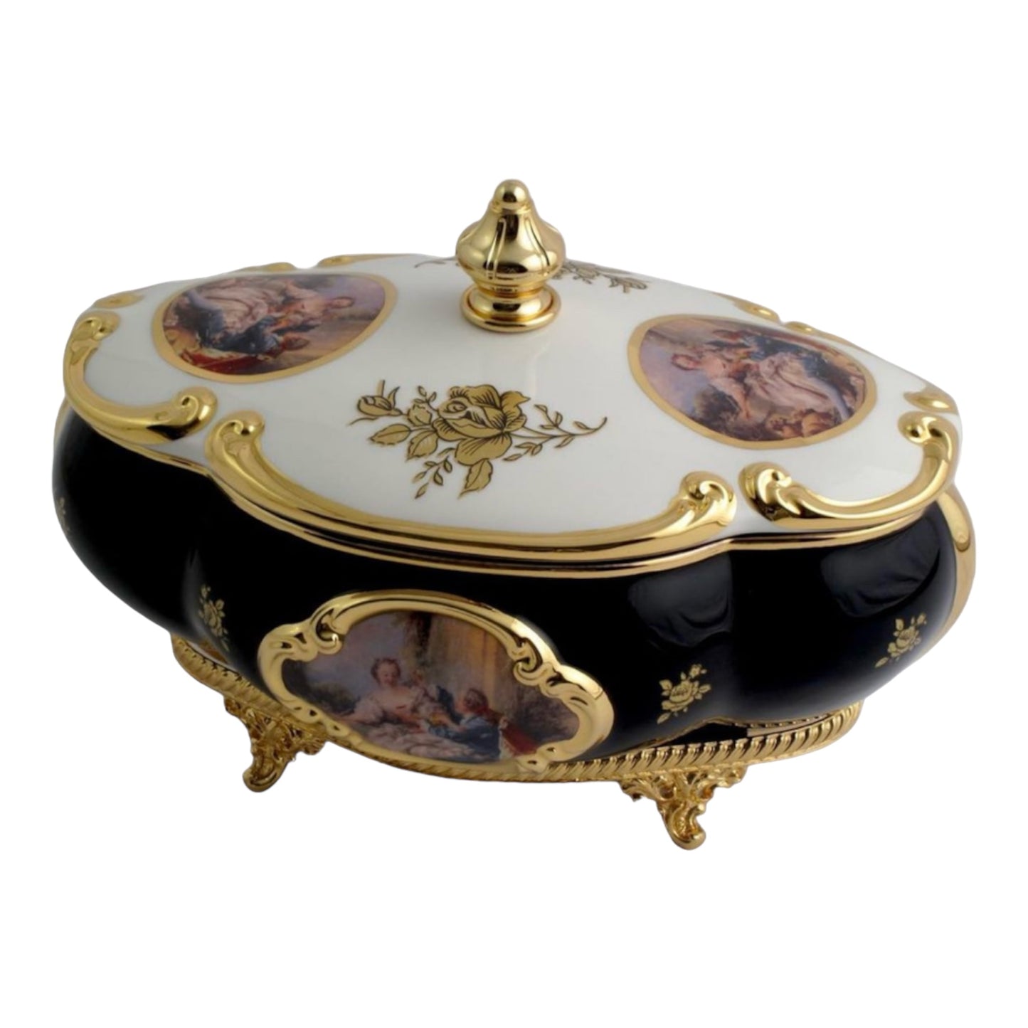 BC Limoge - Oval Bonboniere With Legs - Romeo&Juliet - Blue&Gold - 21x30 cm