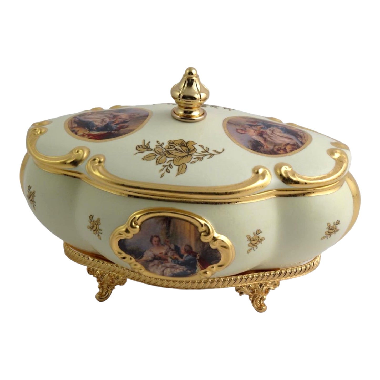 BC Limoge - Oval Bonboniere With Legs - Romeo&Juliet - Biege&Gold - 21x30 cm