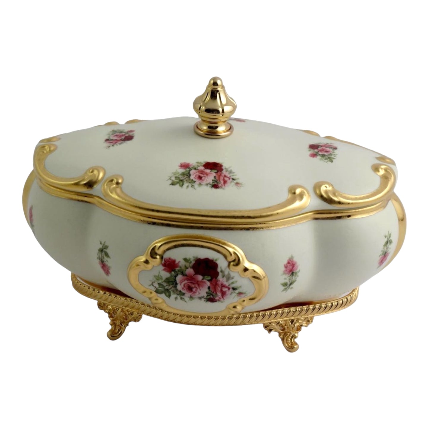 BC Limoge - Oval Bonboniere With Legs - Flowers - Biege&Gold - 21x30 cm