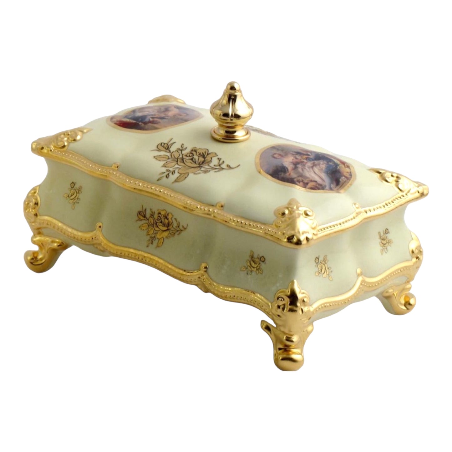 BC Limoge - Rectangular Bonboniere With Legs - Romeo&Juliet - Beige&Gold - 18x28 cm