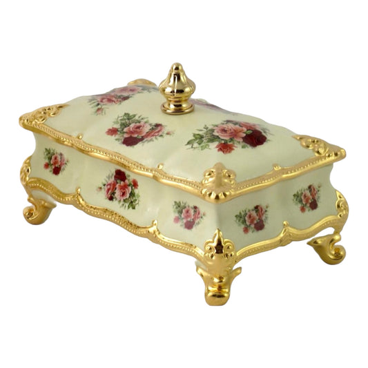 BC Limoge - Rectangular Bonboniere With Legs - Flowers - Biege&Gold - 18x28 cm