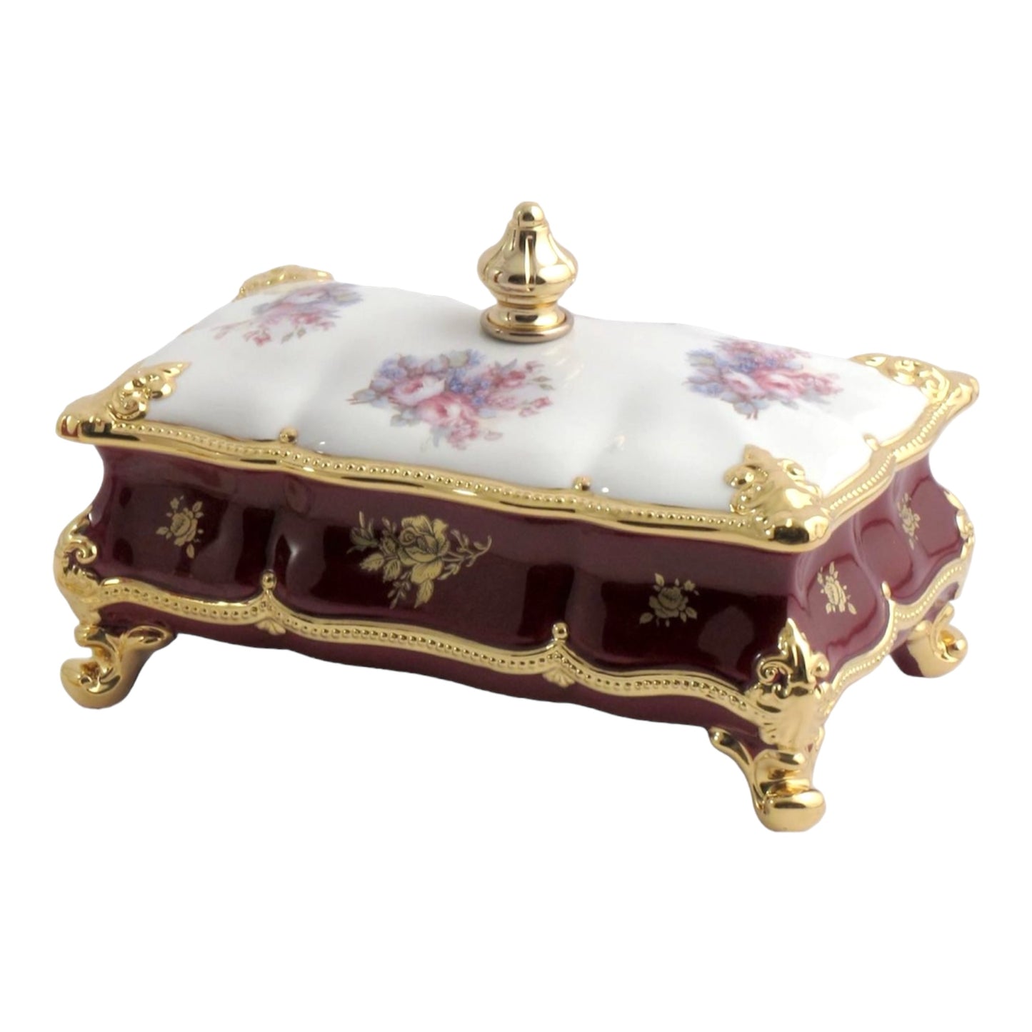 BC Limoge - Rectangular Bonboniere With Legs - Flowers - Red&Gold - 18x28 cm