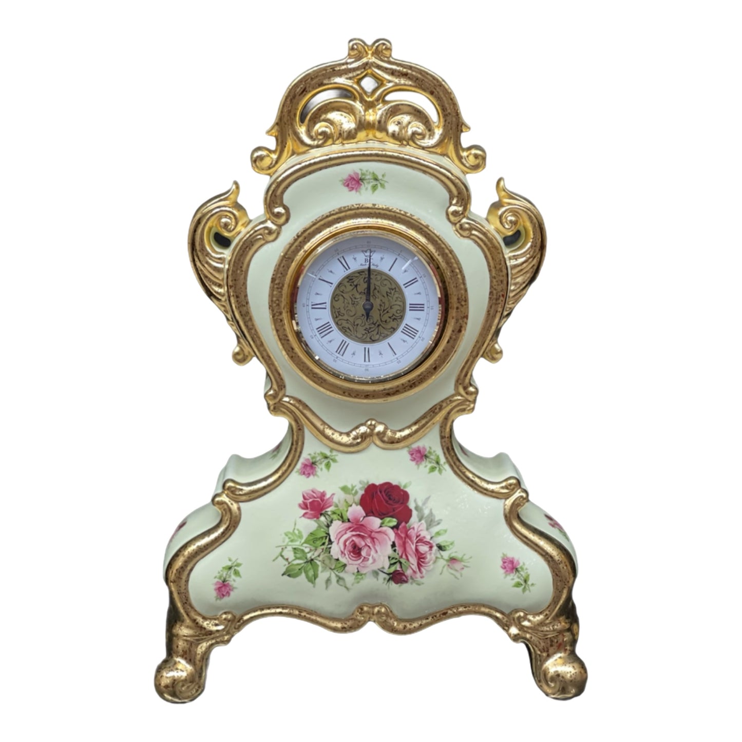 BC Limoge - Table Clock and Candle Holder (5 Burners) , 3 Pcs - Flowers - Beige&Gold