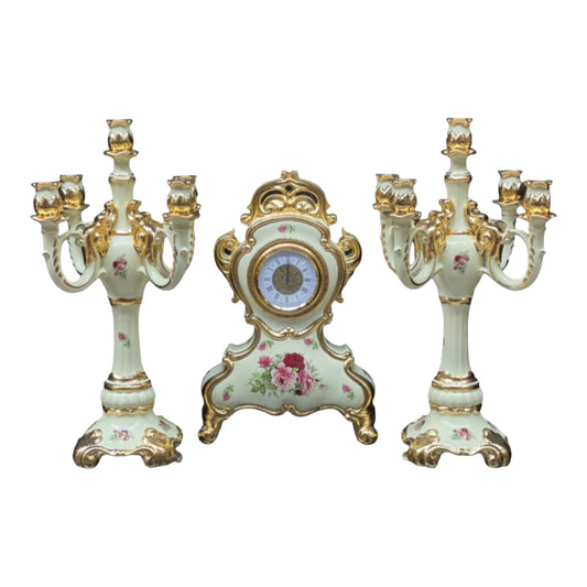 BC Limoge - Table Clock and Candle Holder (5 Burners) , 3 Pcs - Flowers - Beige&Gold