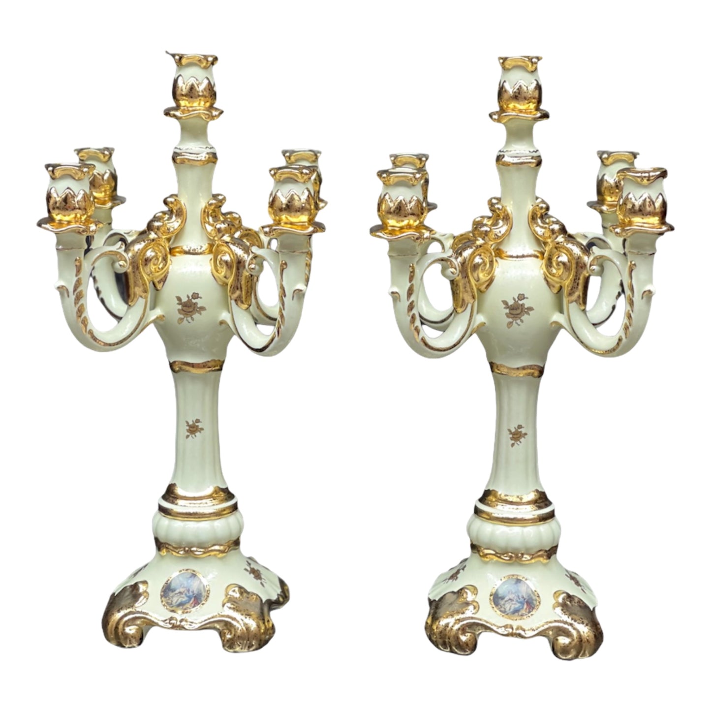 BC Limoge - Table Clock and Candle Holder (5 Burners) , 3 Pcs - Romeo&Juliet - Beige&Gold