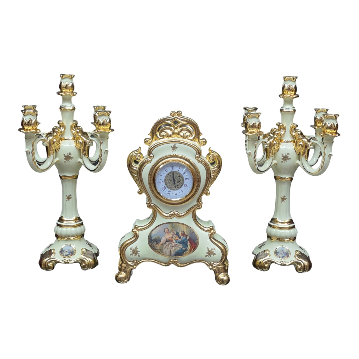 BC Limoge - Table Clock and Candle Holder (5 Burners) , 3 Pcs - Romeo&Juliet - Beige&Gold