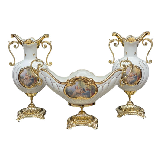 BC Limoge - Gardinera and 2 Potiche With Base, 3 Pcs - Romeo&Juliet - White&Gold