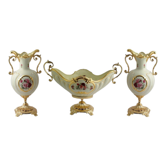 BC Limoge - Gardinera and 2 Potiche With Base , 3 Pcs - Flowers - Beige&Gold