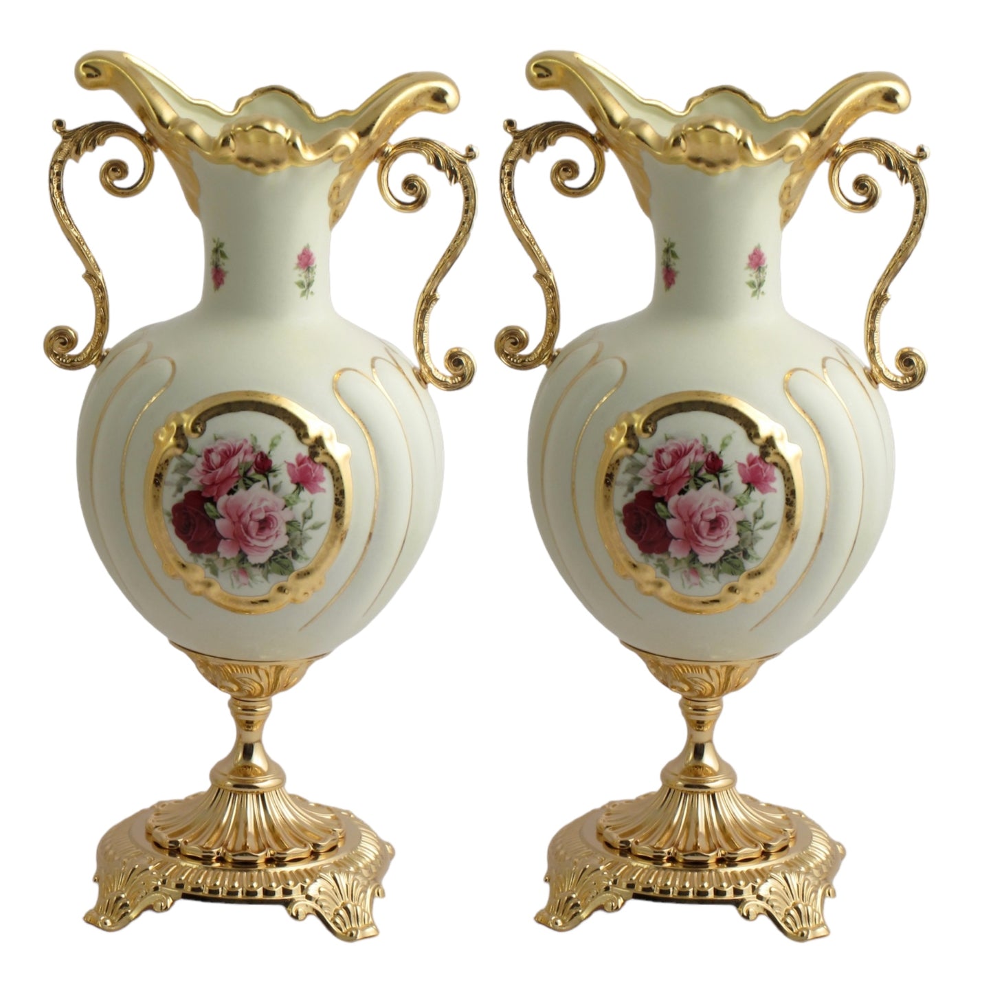 BC Limoge - Gardinera and 2 Potiche With Base , 3 Pcs - Flowers - Beige&Gold