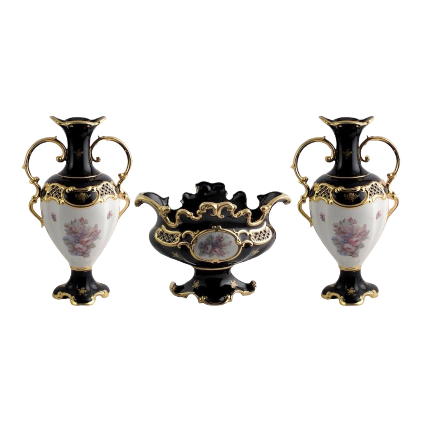 BC Limoge - Gardinera and 2 Potiche With Base , 3 Pcs - Flowers - Blue&Gold