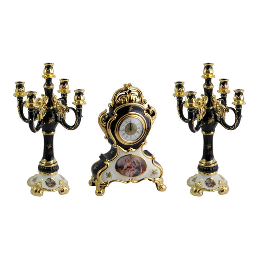 BC Limoge - Table Clock and Candle Holder (5 Burners) , 3 Pcs - Romeo&Juliet - Blue&Gold