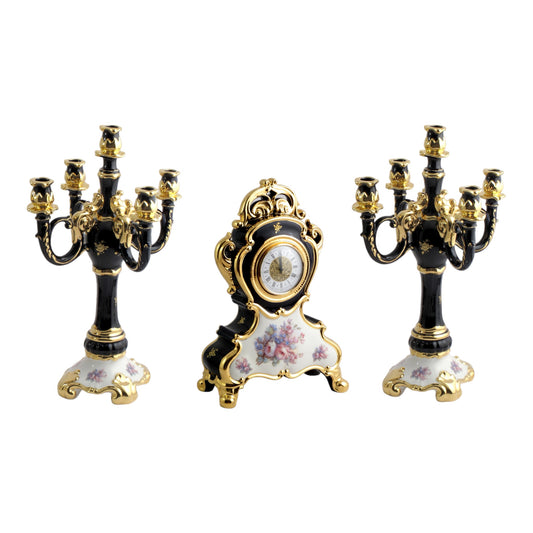 BC Limoge - Table Clock and Candle Holder (5 Burners) , 3 Pcs - Flowers - Blue&Gold