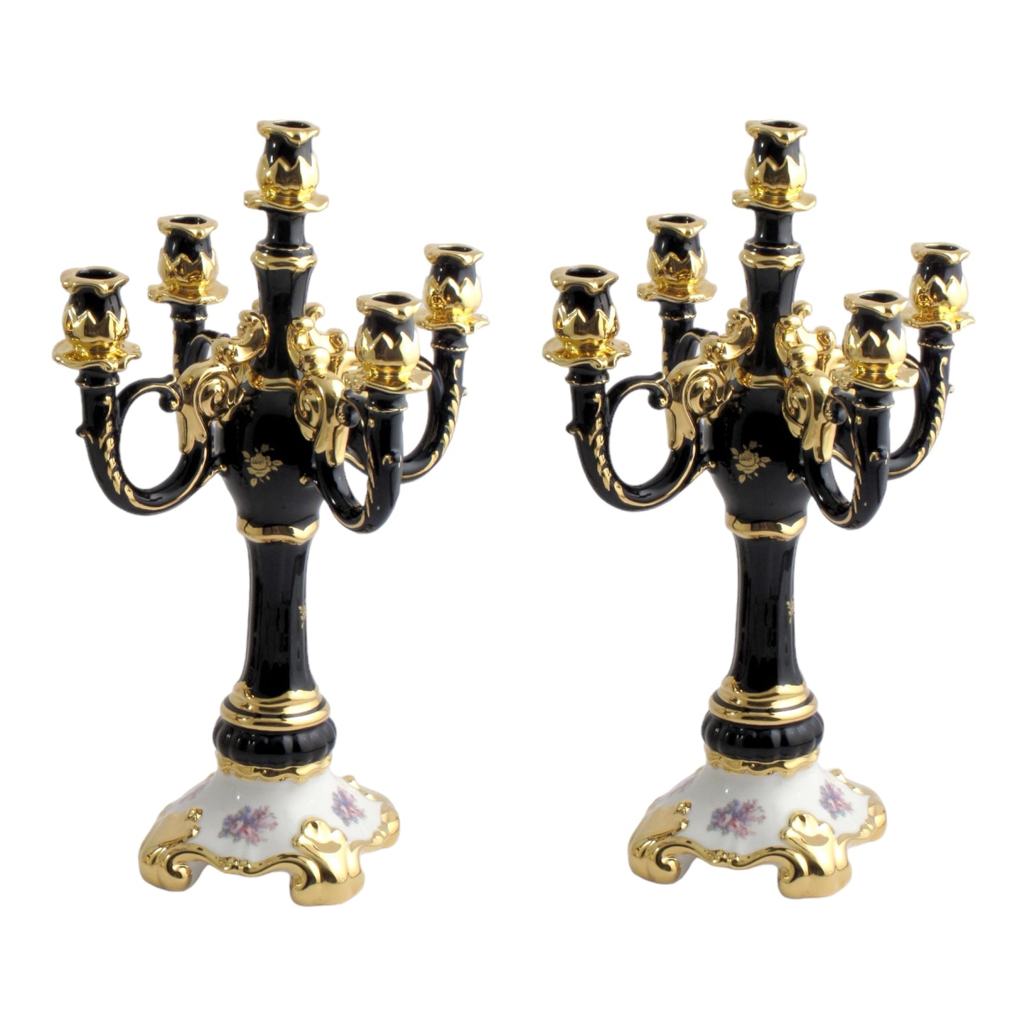 BC Limoge - Table Clock and Candle Holder (5 Burners) , 3 Pcs - Flowers - Blue&Gold