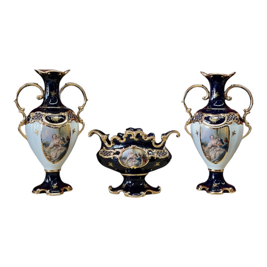 BC Limoge - Gardinera and 2 Potiche With Base , 3 Pcs - Romeo&Juliet - Blue&Gold