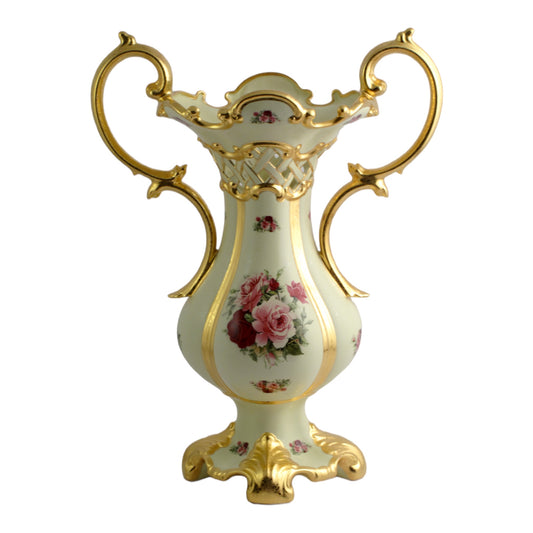 BC Limoge - Columns And Vase With Base&Handle Set 2 Pcs - Flowers - Beige&Gold