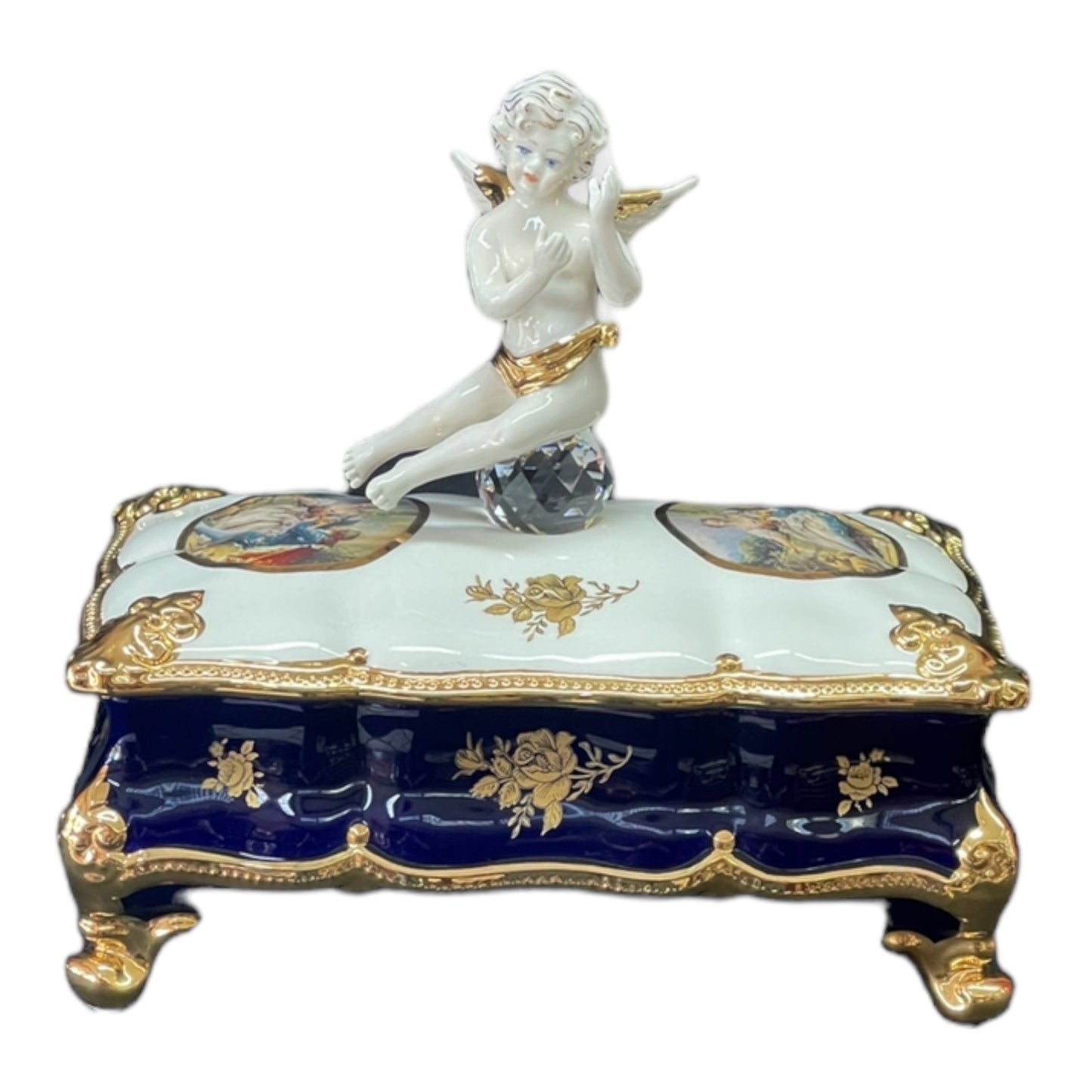 BC Limoge - Rectangular Bonboniere With Cover and Legs - Romeo&Juliet With Malak - Blue&Gold - 37x28 cm