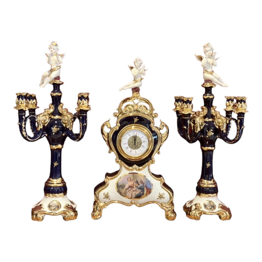 BC Limoge - Table Clock and Candle Holder (5 Burners) , 3 Pcs - Romeo&Juliet - Blue&Gold With Malak