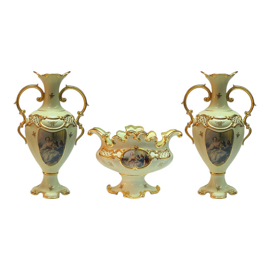 BC Limoge - Gardinera and 2 Potiche With Base , 3 Pcs - Romeo&Juliet - Beige&Gold