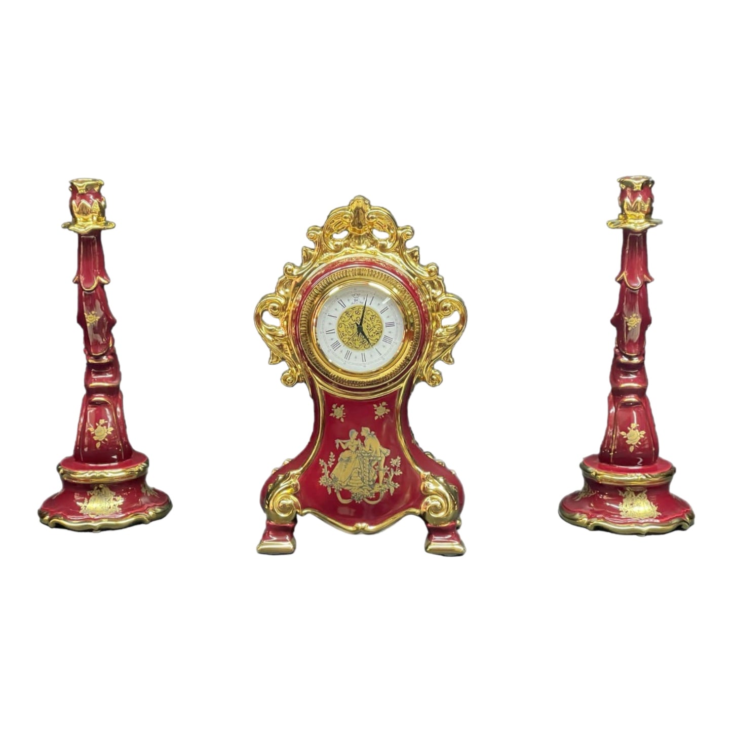 BC Limoge - Table Clock and Candle Holder , 3 Pcs - Romeo&Juliet - Red&Gold