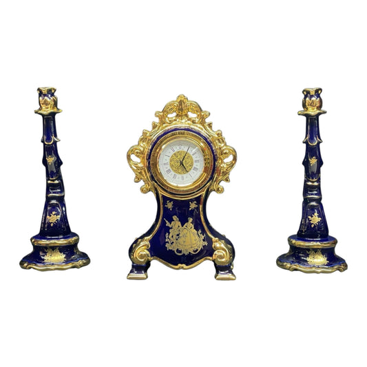 BC Limoge - Table Clock and Candle Holder , 3 Pcs - Romeo&Juliet - Blue&Gold