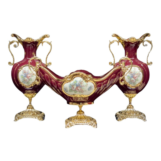 BC Limoge - Gardinera and 2 Potiche With Base , 3 Pcs - Flowers - Red&Gold