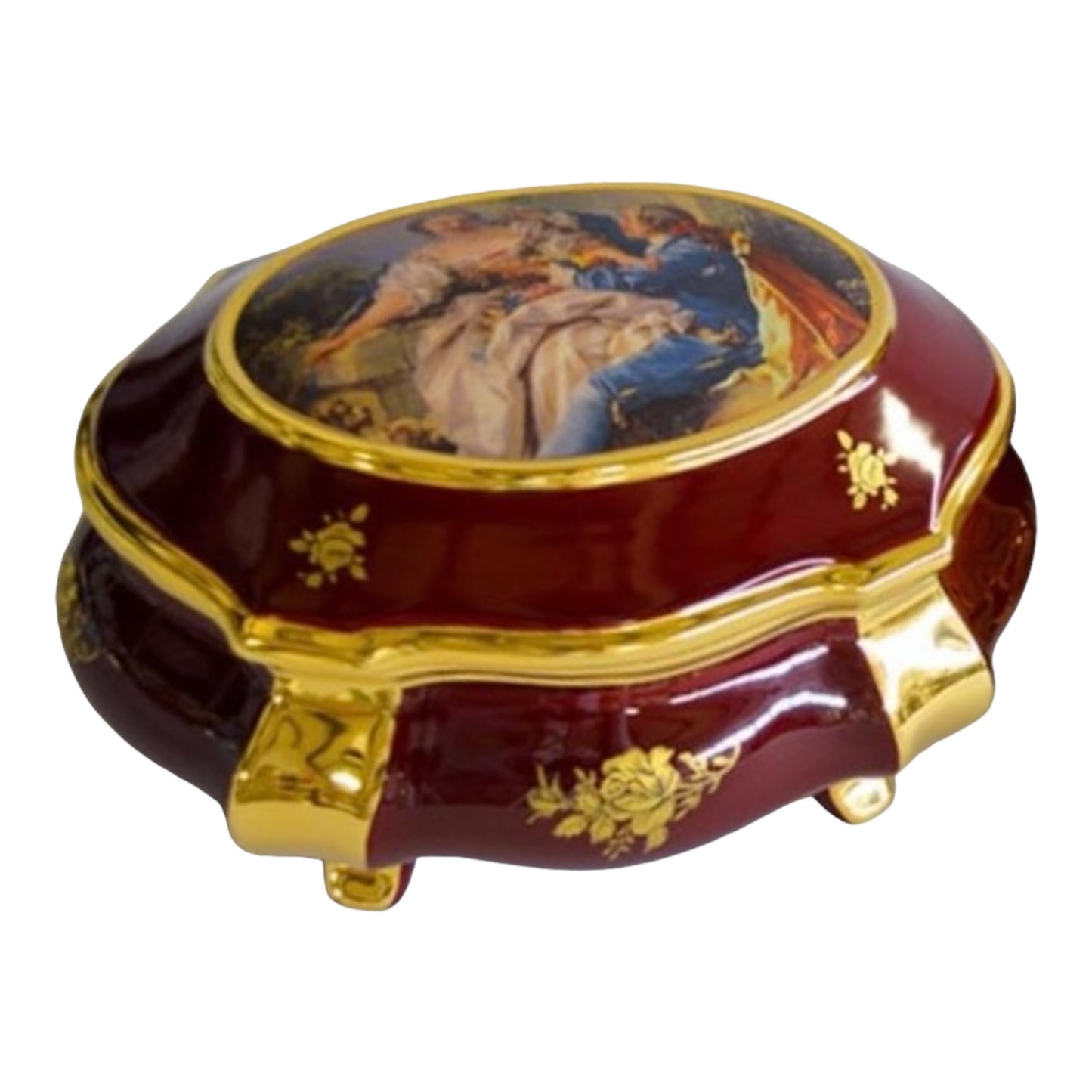 BC Limoge - Oval Bonboniere With Cover and Legs - Romeo&Juliet - Red&Gold - 15x25 cm