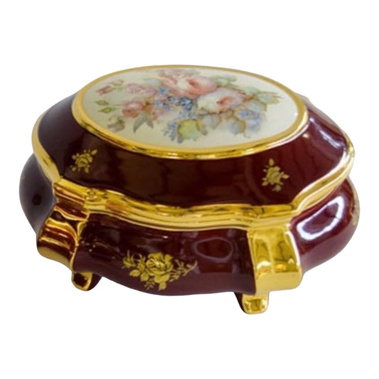 BC Limoge - Oval Bonboniere With Cover and Legs - Flowers - Red&Gold - 15x25 cm