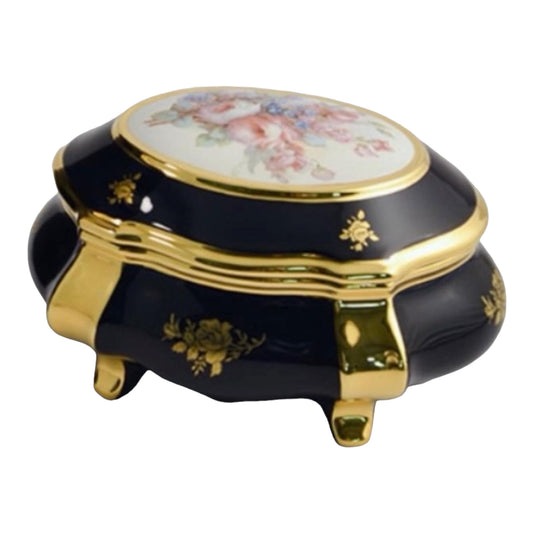 BC Limoge - Oval Bonboniere With Cover and Legs - Flowers - Blue&Gold - 15x25 cm