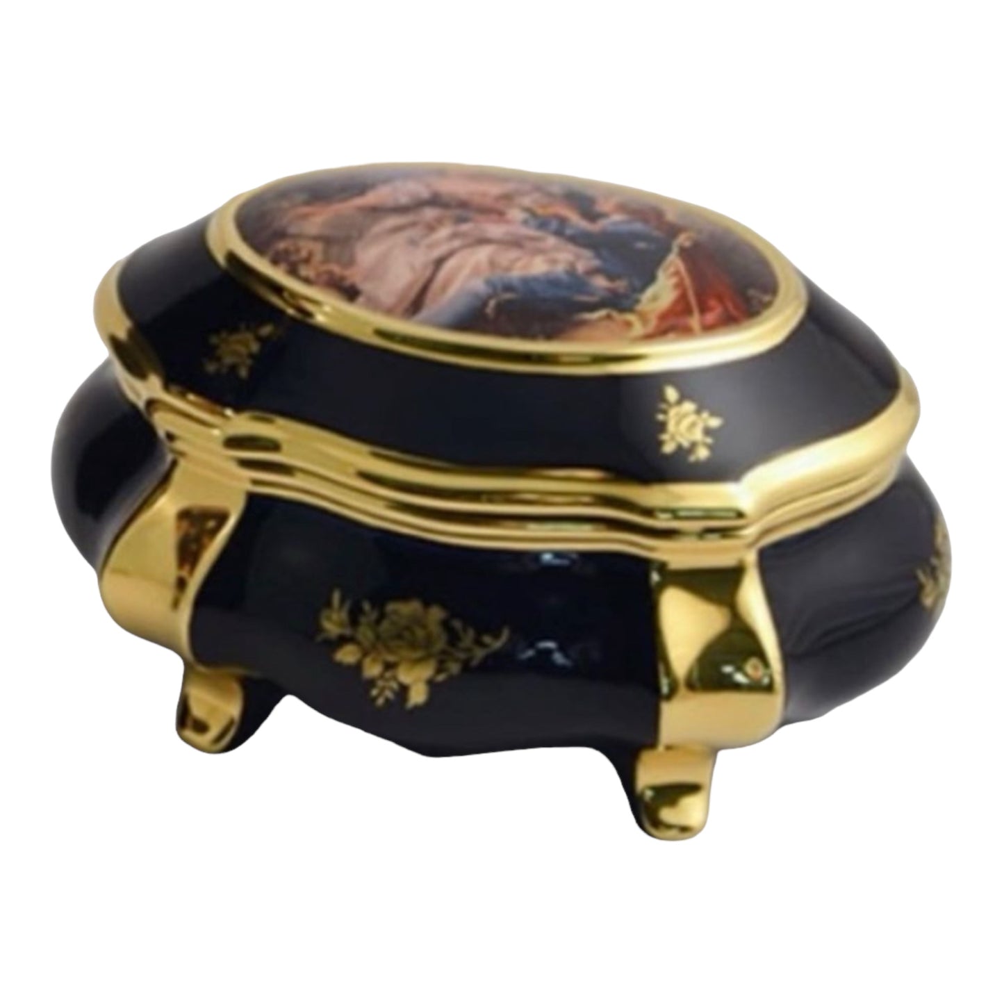 BC Limoge - Oval Bonboniere With Cover and Legs - Romeo&Juliet - Blue&Gold - 15x25 cm