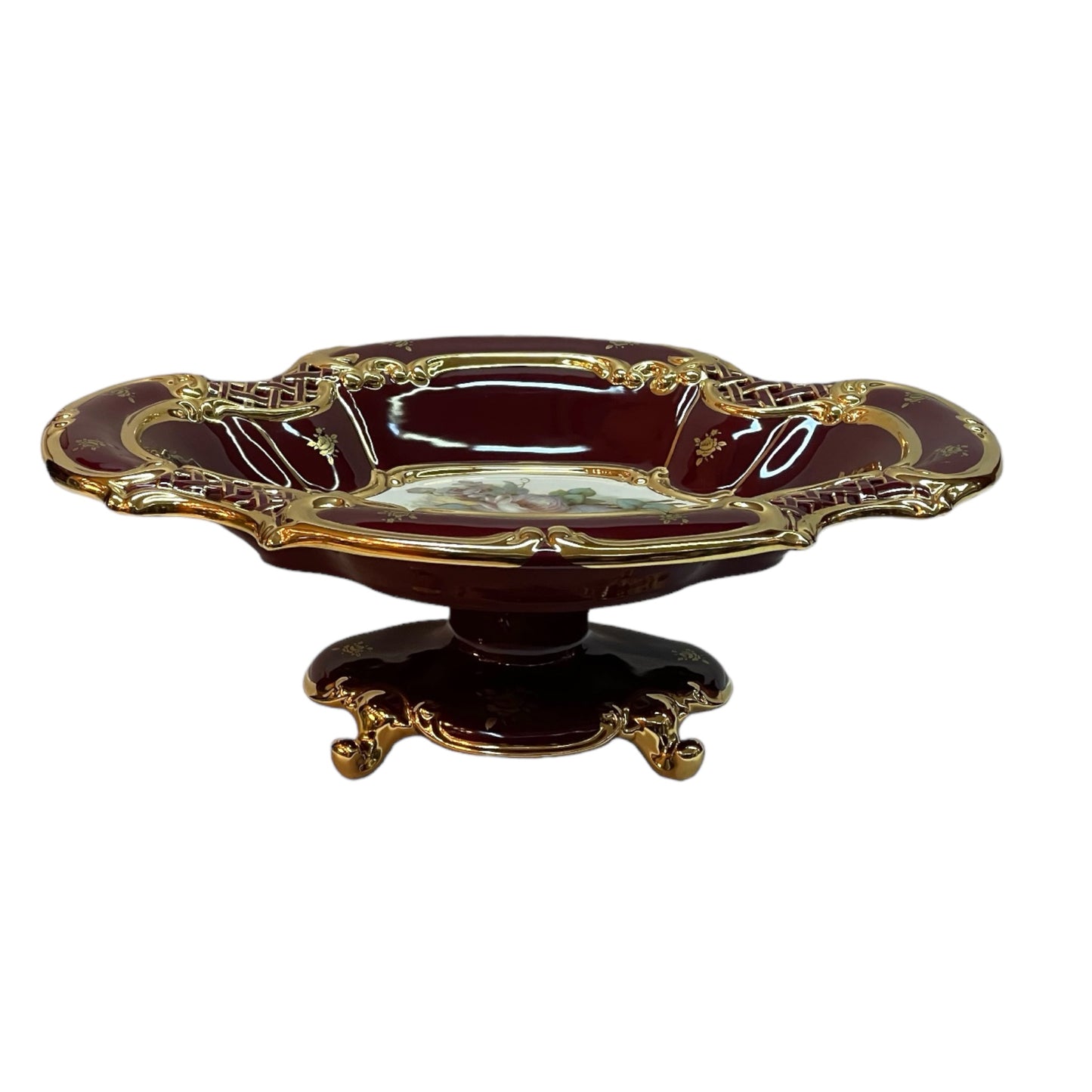 BC Limoge - Plate With Base - Flowers - Red&Gold - 16x47 cm