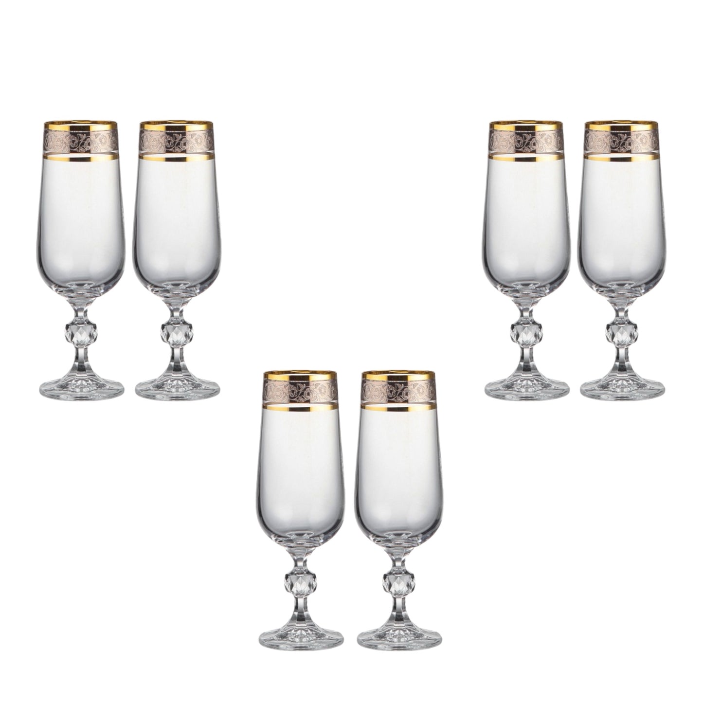 Bohemia Crystal - Flute Glass Set 6 Pcs - Silver&Gold