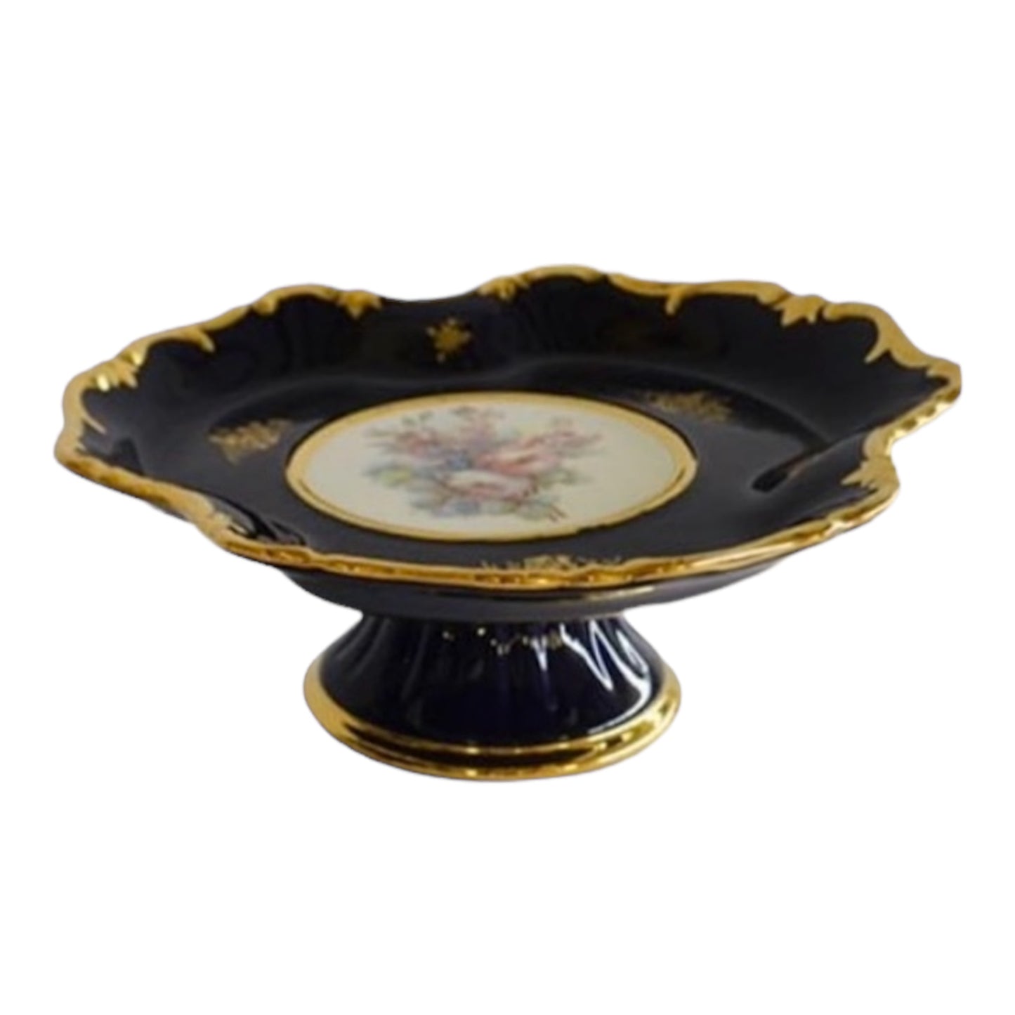 BC Limoge - Plate With Base - Flowers - Blue&Gold - 13x31 cm