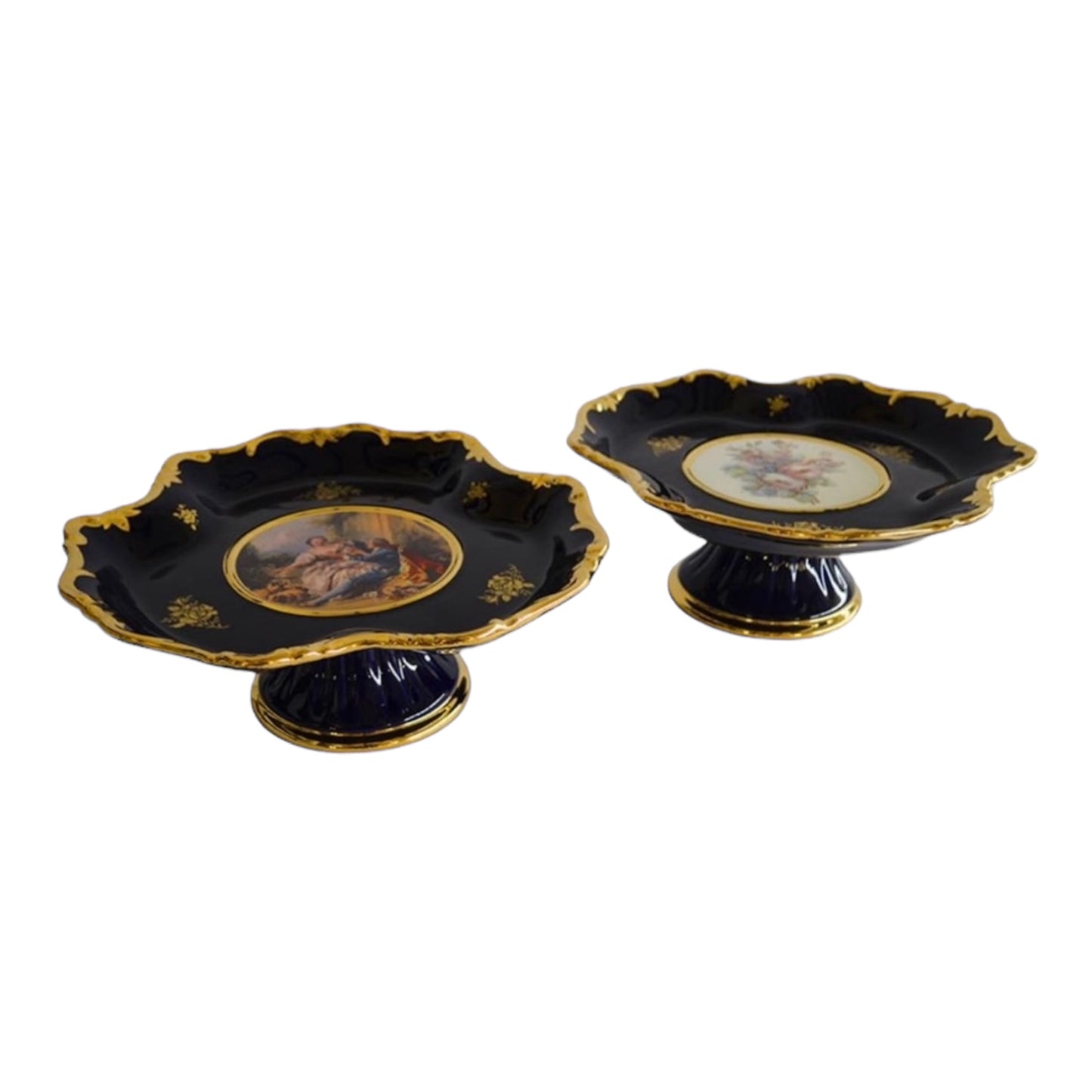 BC Limoge - Plate With Base - Flowers - Blue&Gold - 13x31 cm